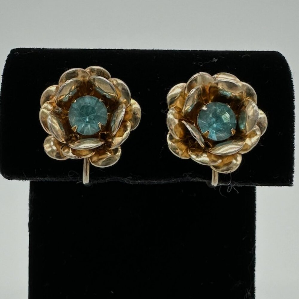 1950s Aqua Stone Floral Goldtone Screw Back Earrings